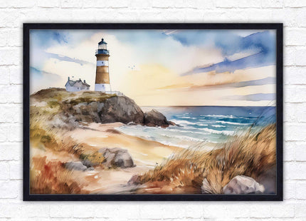 Framed picture, lighthouse on the headland, soft watercolour painting framed print. Beach seascape. Choice of frame styles available.