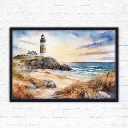 Framed picture, lighthouse on the headland, soft watercolour painting framed print. Beach seascape. Choice of frame styles available.