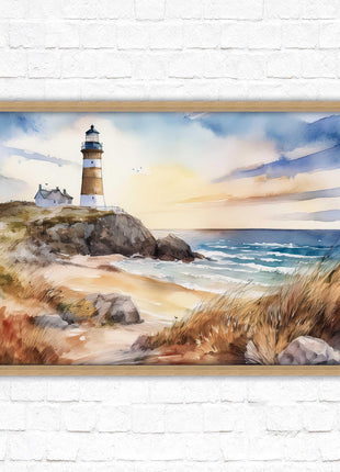 Framed picture, lighthouse on the headland, soft watercolour painting framed print. Beach seascape. Choice of frame styles available.