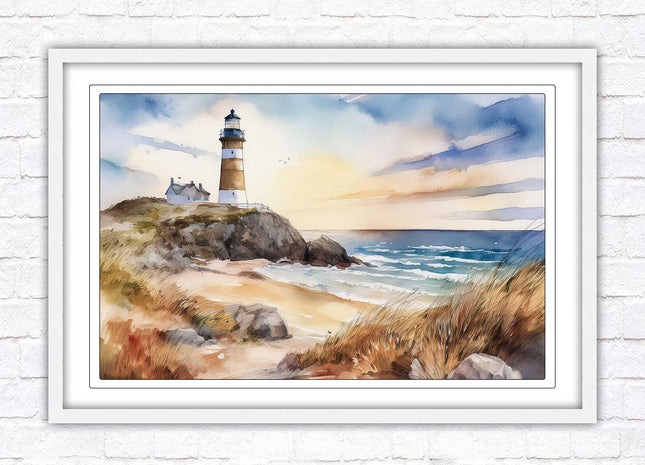 Framed picture, lighthouse on the headland, soft watercolour painting framed print. Beach seascape. Choice of frame styles available.