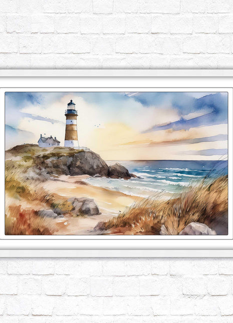Framed picture, lighthouse on the headland, soft watercolour painting framed print. Beach seascape. Choice of frame styles available.