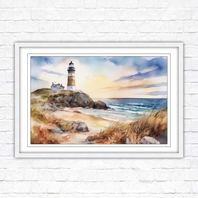 Framed picture, lighthouse on the headland, soft watercolour painting framed print. Beach seascape. Choice of frame styles available.