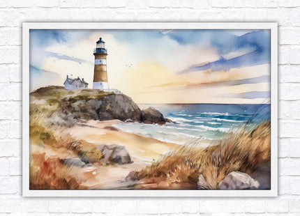 Framed picture, lighthouse on the headland, soft watercolour painting framed print. Beach seascape. Choice of frame styles available.