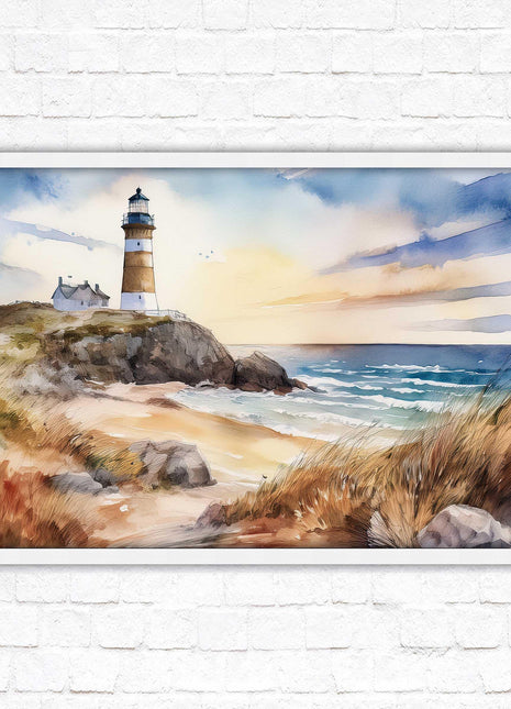 Framed picture, lighthouse on the headland, soft watercolour painting framed print. Beach seascape. Choice of frame styles available.