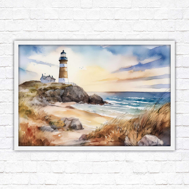 Framed picture, lighthouse on the headland, soft watercolour painting framed print. Beach seascape. Choice of frame styles available.