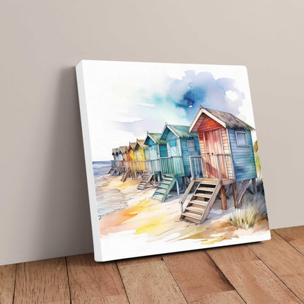 Beach huts canvas picture. Watercolour coastal image. A choice of sizes available. Unique Wall Art