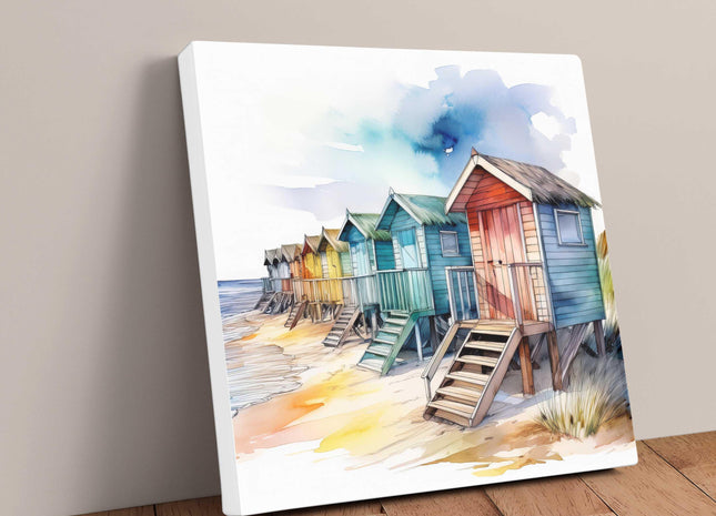 Beach huts canvas picture. Watercolour coastal image. A choice of sizes available. Unique Wall Art