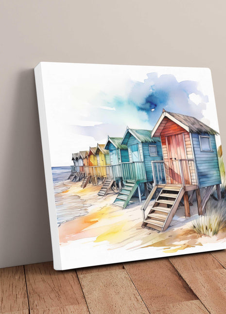 Beach huts canvas picture. Watercolour coastal image. A choice of sizes available. Unique Wall Art