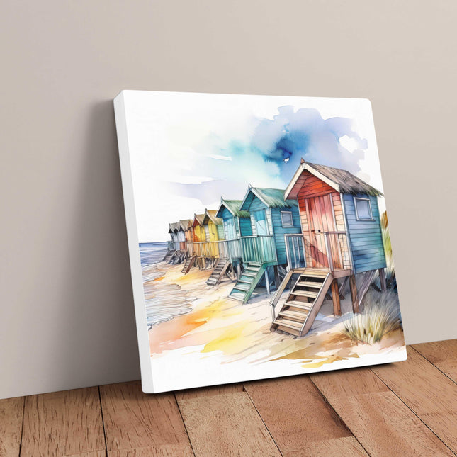 Beach huts canvas picture. Watercolour coastal image. A choice of sizes available. Unique Wall Art