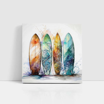 Surf boards canvas picture print. Watercolour coastal image. A choice of sizes available. Unique Wall Art