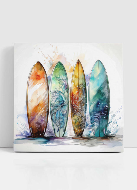 Surf boards canvas picture print. Watercolour coastal image. A choice of sizes available. Unique Wall Art