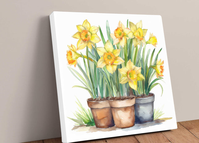 Daffodils canvas picture. Image printed and finished as a canvas picture. Watercolour potted daffodils. Choice of sizes available Wall Art.