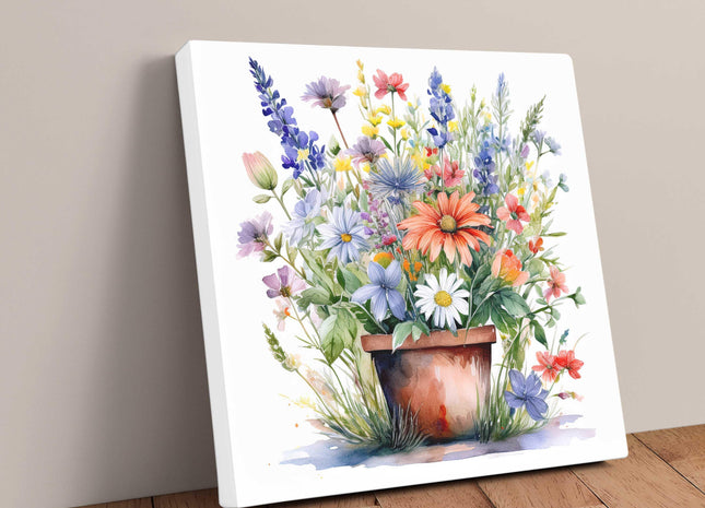 Wild flowers canvas picture. Image printed and finished as a canvas picture. Watercolour potted flowers. Choice of sizes available Wall Art.