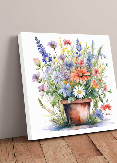 Wild flowers canvas picture. Image printed and finished as a canvas picture. Watercolour potted flowers. Choice of sizes available Wall Art.