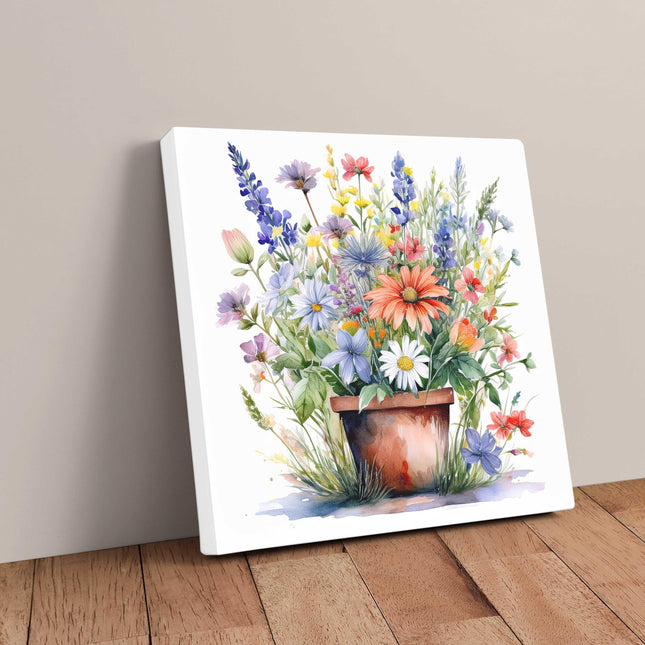 Wild flowers canvas picture. Image printed and finished as a canvas picture. Watercolour potted flowers. Choice of sizes available Wall Art.