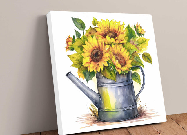 Sunflowers canvas picture. Image printed and finished as a canvas picture. Sunflowers in Vintage watering can. A choice of sizes. Wall Art.