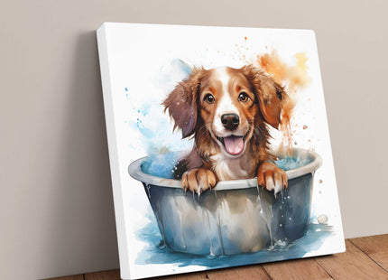 Dog in bath, canvas picture print. Cute watercolour painting canvas wall art A choice of sizes available.
