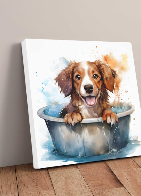 Dog in bath, canvas picture print. Cute watercolour painting canvas wall art A choice of sizes available.