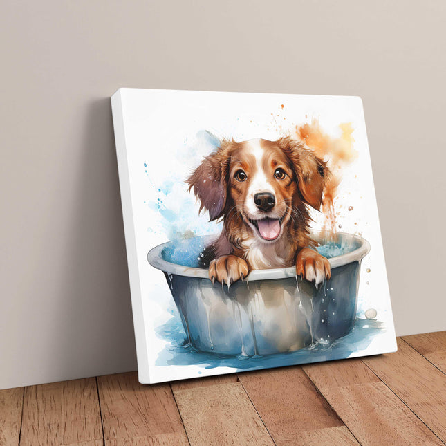 Dog in bath, canvas picture print. Cute watercolour painting canvas wall art A choice of sizes available.