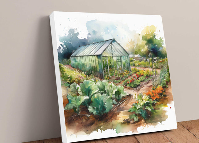 Garden allotment, canvas picture. Image printed and finished as a canvas picture. Watercolour image. Choice of sizes available Wall Art.