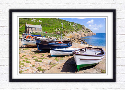 Framed picture of Boats moored at Penberth beach, Cornwall. print. Beach seascape. Choice of frame styles available.
