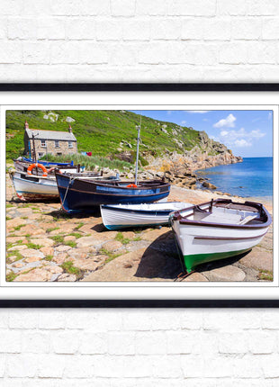 Framed picture of Boats moored at Penberth beach, Cornwall. print. Beach seascape. Choice of frame styles available.