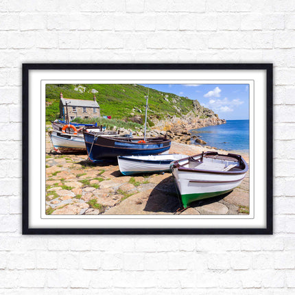 Framed picture of Boats moored at Penberth beach, Cornwall. print. Beach seascape. Choice of frame styles available.