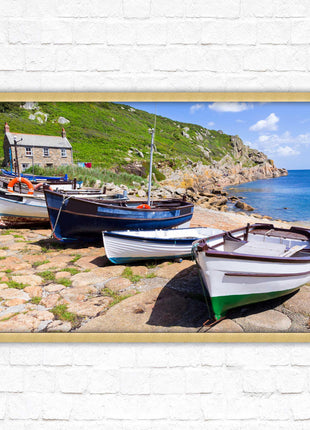 Framed picture of Boats moored at Penberth beach, Cornwall. print. Beach seascape. Choice of frame styles available.