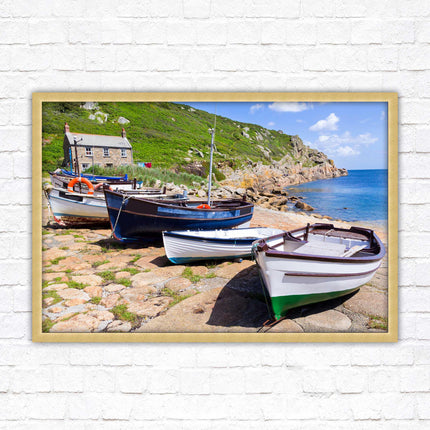 Framed picture of Boats moored at Penberth beach, Cornwall. print. Beach seascape. Choice of frame styles available.