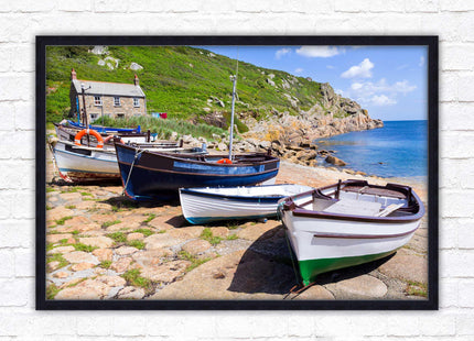Framed picture of Boats moored at Penberth beach, Cornwall. print. Beach seascape. Choice of frame styles available.
