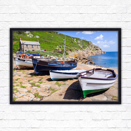 Framed picture of Boats moored at Penberth beach, Cornwall. print. Beach seascape. Choice of frame styles available.