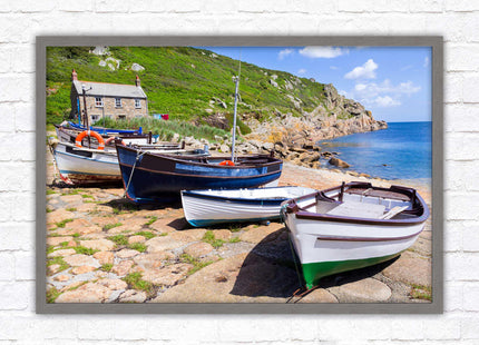 Framed picture of Boats moored at Penberth beach, Cornwall. print. Beach seascape. Choice of frame styles available.