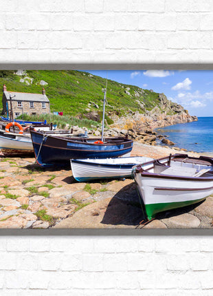 Framed picture of Boats moored at Penberth beach, Cornwall. print. Beach seascape. Choice of frame styles available.