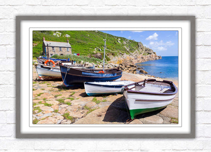 Framed picture of Boats moored at Penberth beach, Cornwall. print. Beach seascape. Choice of frame styles available.