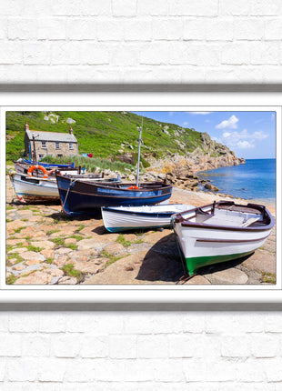 Framed picture of Boats moored at Penberth beach, Cornwall. print. Beach seascape. Choice of frame styles available.