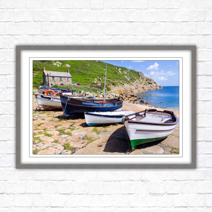 Framed picture of Boats moored at Penberth beach, Cornwall. print. Beach seascape. Choice of frame styles available.