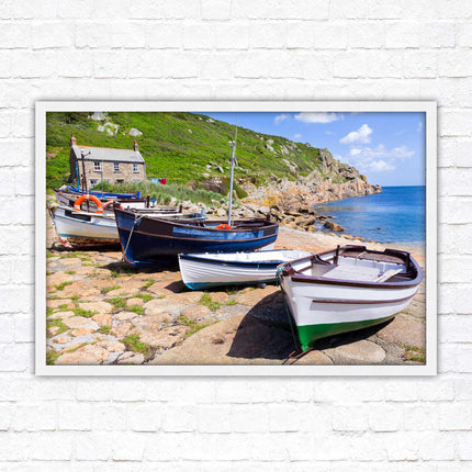 Framed picture of Boats moored at Penberth beach, Cornwall. print. Beach seascape. Choice of frame styles available.