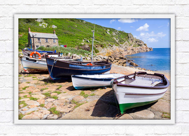 Framed picture of Boats moored at Penberth beach, Cornwall. print. Beach seascape. Choice of frame styles available.