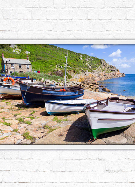 Framed picture of Boats moored at Penberth beach, Cornwall. print. Beach seascape. Choice of frame styles available.