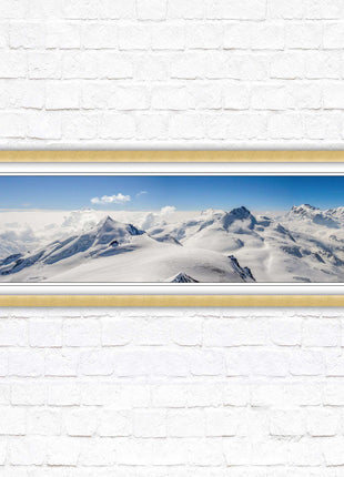 Swiss Alps mountain landscape. Panoramic framed picture print. Vibrant blue and white image. Choice of frame colours.