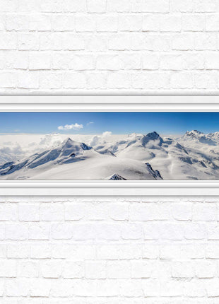 Swiss Alps mountain landscape. Panoramic framed picture print. Vibrant blue and white image. Choice of frame colours.