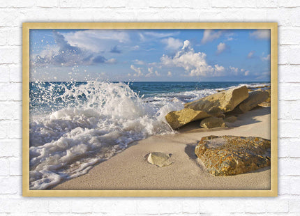 Waves on a Caribbean beach. Framed picture print with a choice of frame colours. Beach seascape
