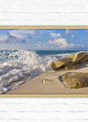 Waves on a Caribbean beach. Framed picture print with a choice of frame colours. Beach seascape