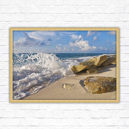Waves on a Caribbean beach. Framed picture print with a choice of frame colours. Beach seascape