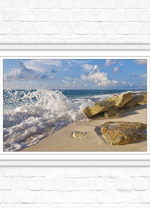 Waves on a Caribbean beach. Framed picture print with a choice of frame colours. Beach seascape