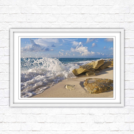 Waves on a Caribbean beach. Framed picture print with a choice of frame colours. Beach seascape