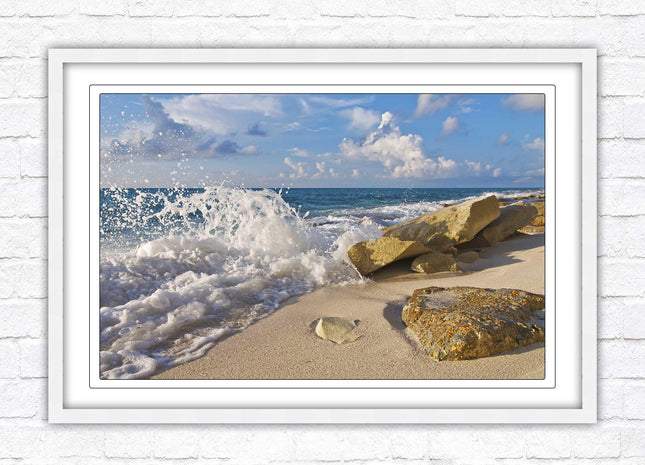 Waves on a Caribbean beach. Framed picture print with a choice of frame colours. Beach seascape