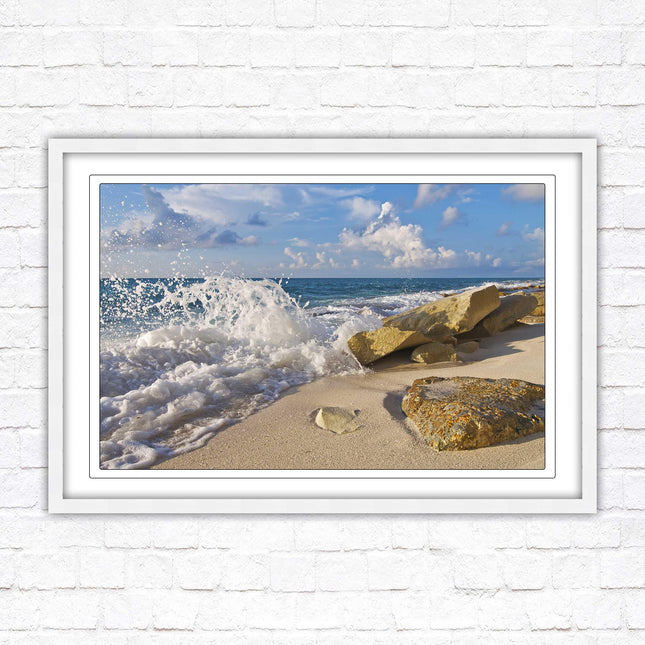 Waves on a Caribbean beach. Framed picture print with a choice of frame colours. Beach seascape