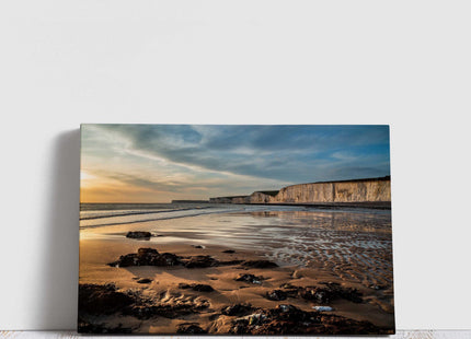 Sun setting over the White Cliffs on the English Coast. Canvas Picture. Wall decor for home or office. Ideal gift birthday present