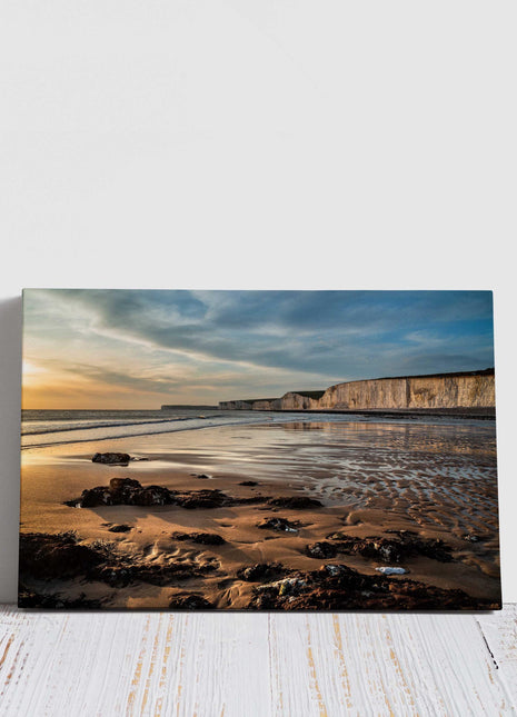 Sun setting over the White Cliffs on the English Coast. Canvas Picture. Wall decor for home or office. Ideal gift birthday present